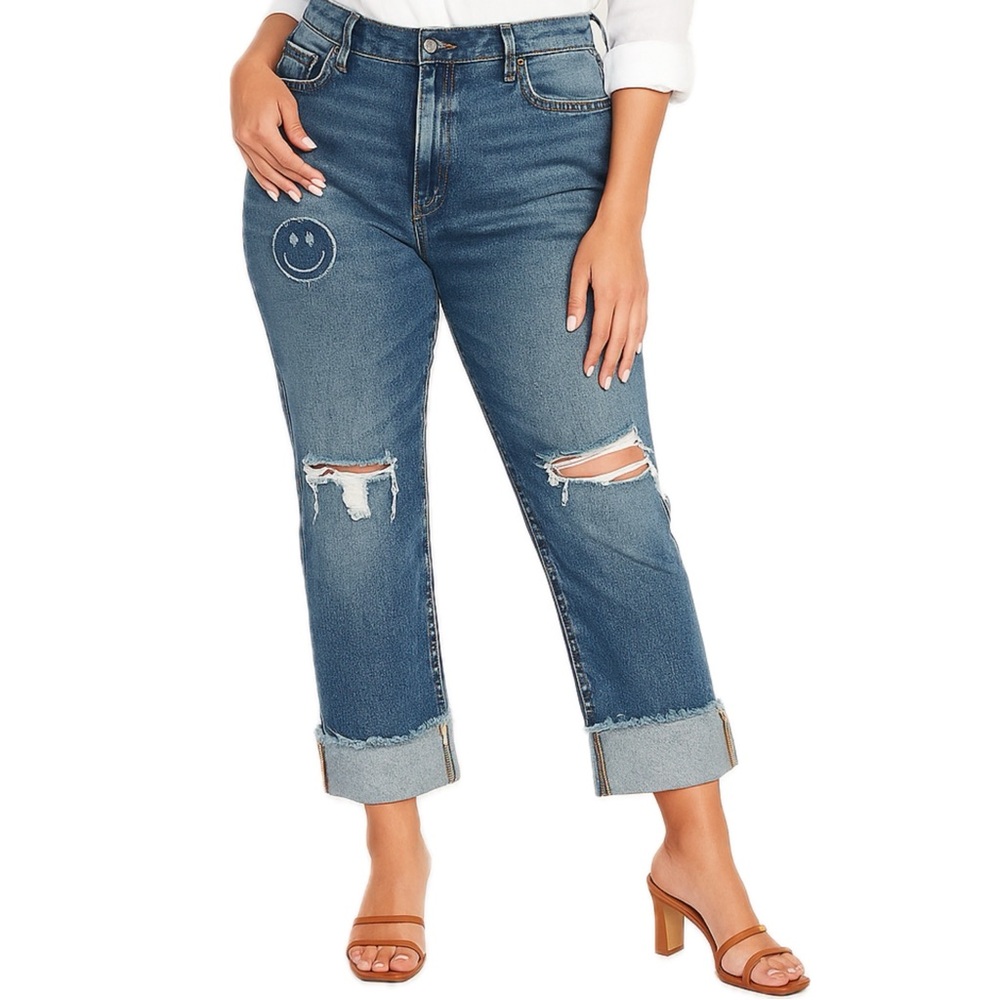 Old Navy Boyfriend Jeans Mid Rise Straight Ripped Smiley Face Happy Remix Blu 16